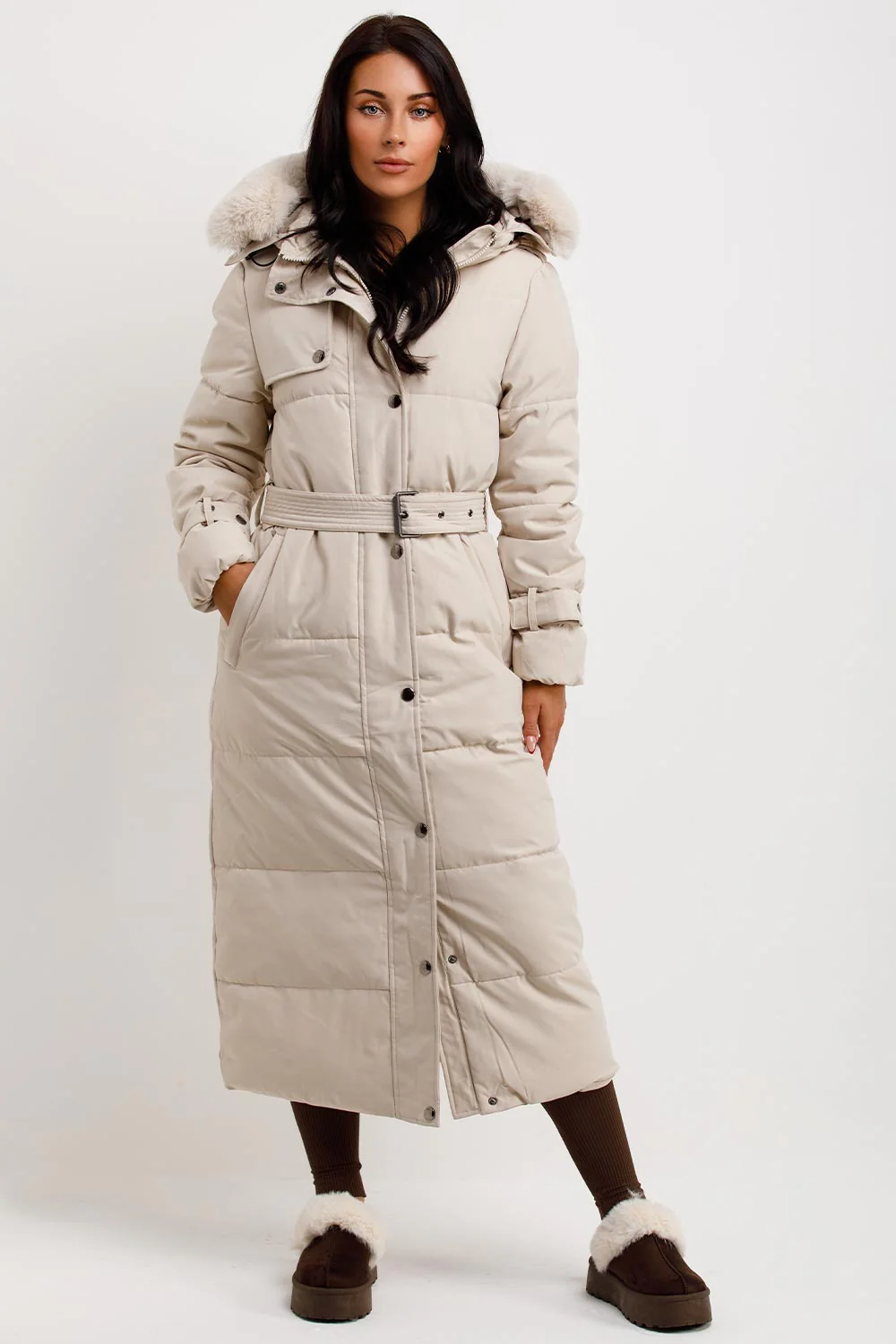 Long Puffer Belted Trench Coat with Hood Beige