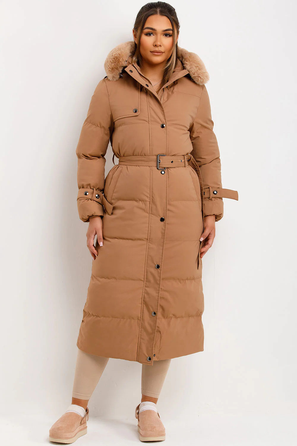 Long Puffer Belted Trench Coat with Hood Camel