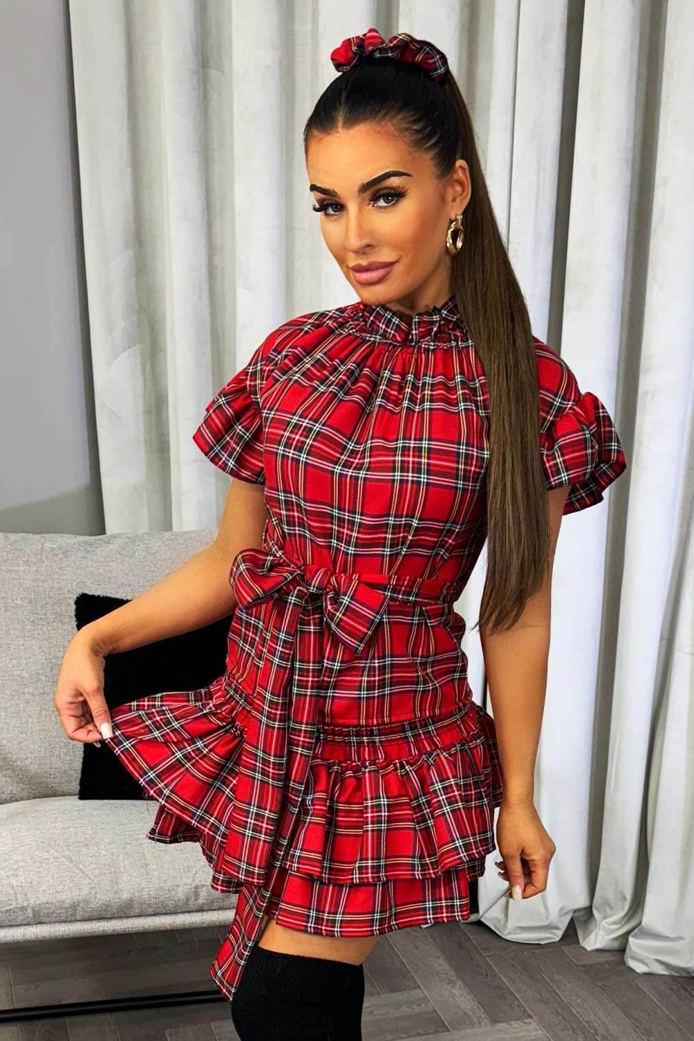 Red Checkered Top & Rara Skirt Set + Matching Scrunchie
