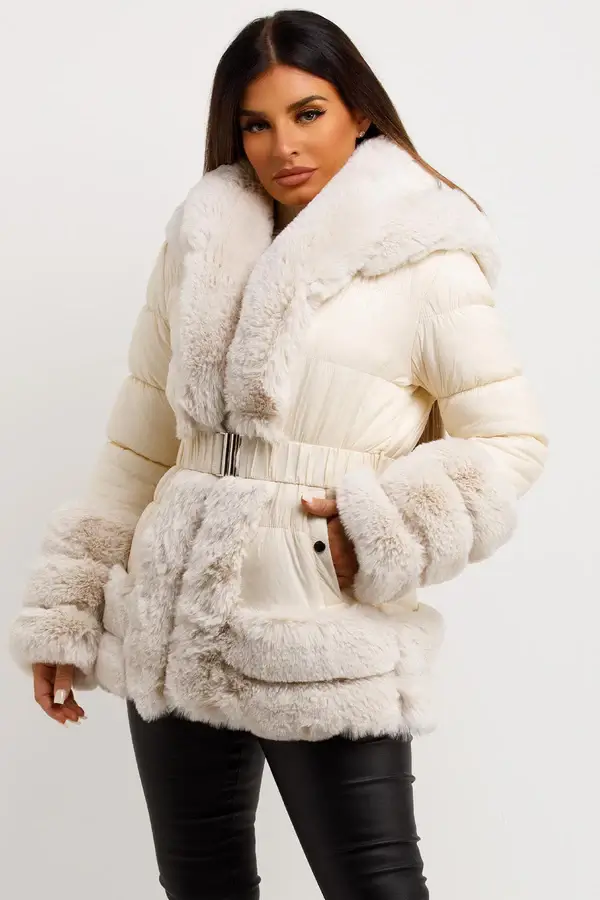 Faux Fur Cream Elasticated Belt Lined Jacket