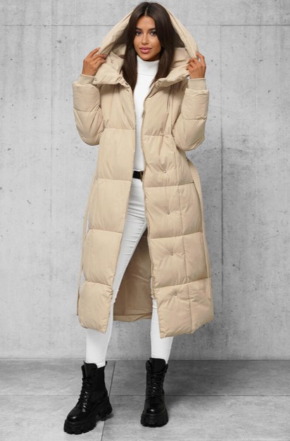Long Beige Jacket With Hood & Belt