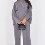Grey Velvet Wrap Cardigan & Straight Trousers Set