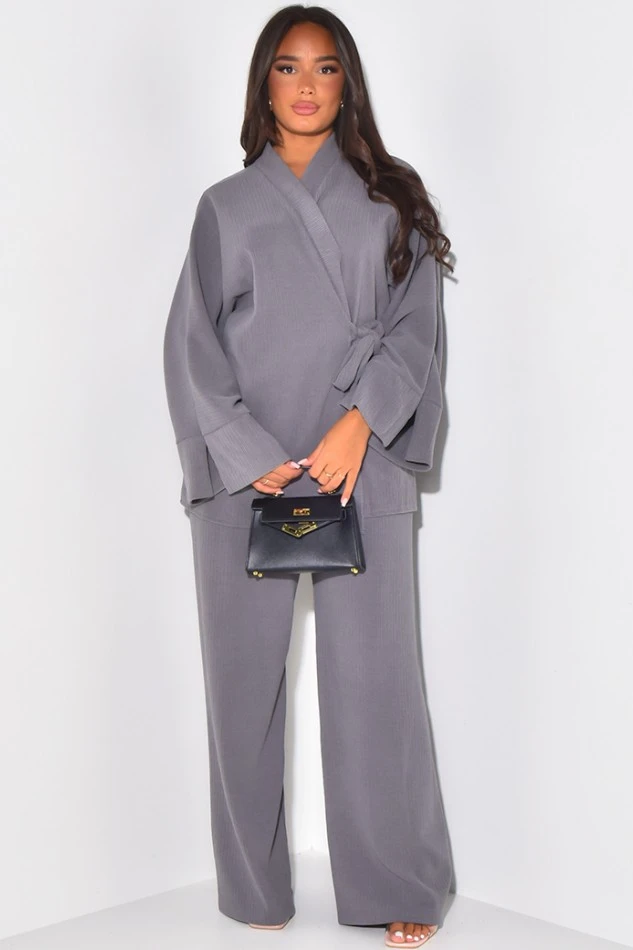 Grey Velvet Wrap Cardigan & Straight Trousers Set