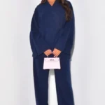 Blue Velvet Wrap Cardigan & Straight Trousers Set