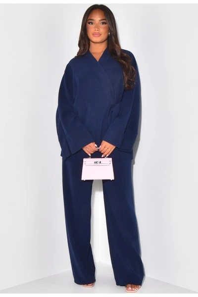 Blue Velvet Wrap Cardigan & Straight Trousers Set