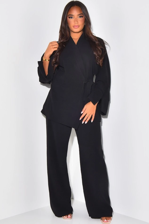 Black Velvet Wrap Cardigan & Straight Trousers Set