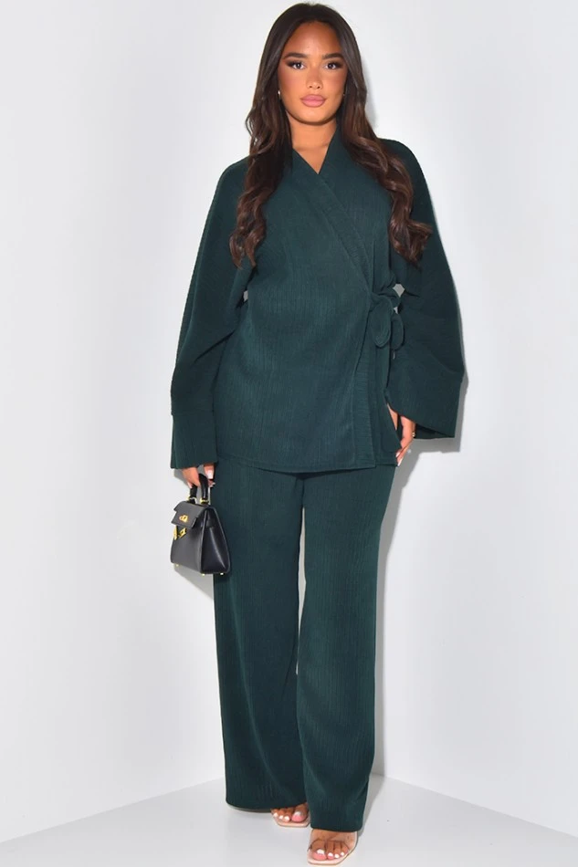 Green Velvet Wrap Cardigan & Straight Trousers Set