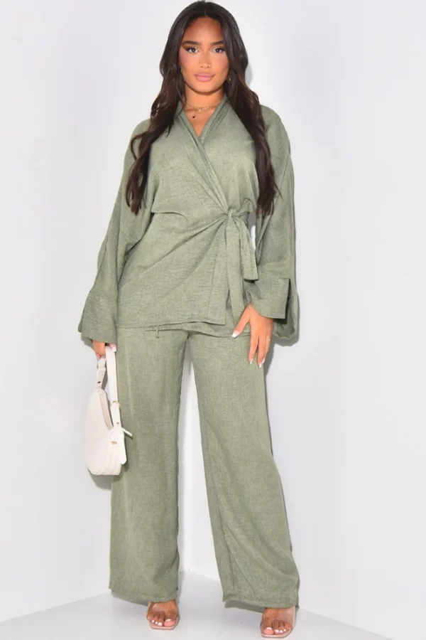 ensemble-pantalon-et-top-a-nouer-en-lin (6) Khaki Wrap Blouse and Straight Trousers Set