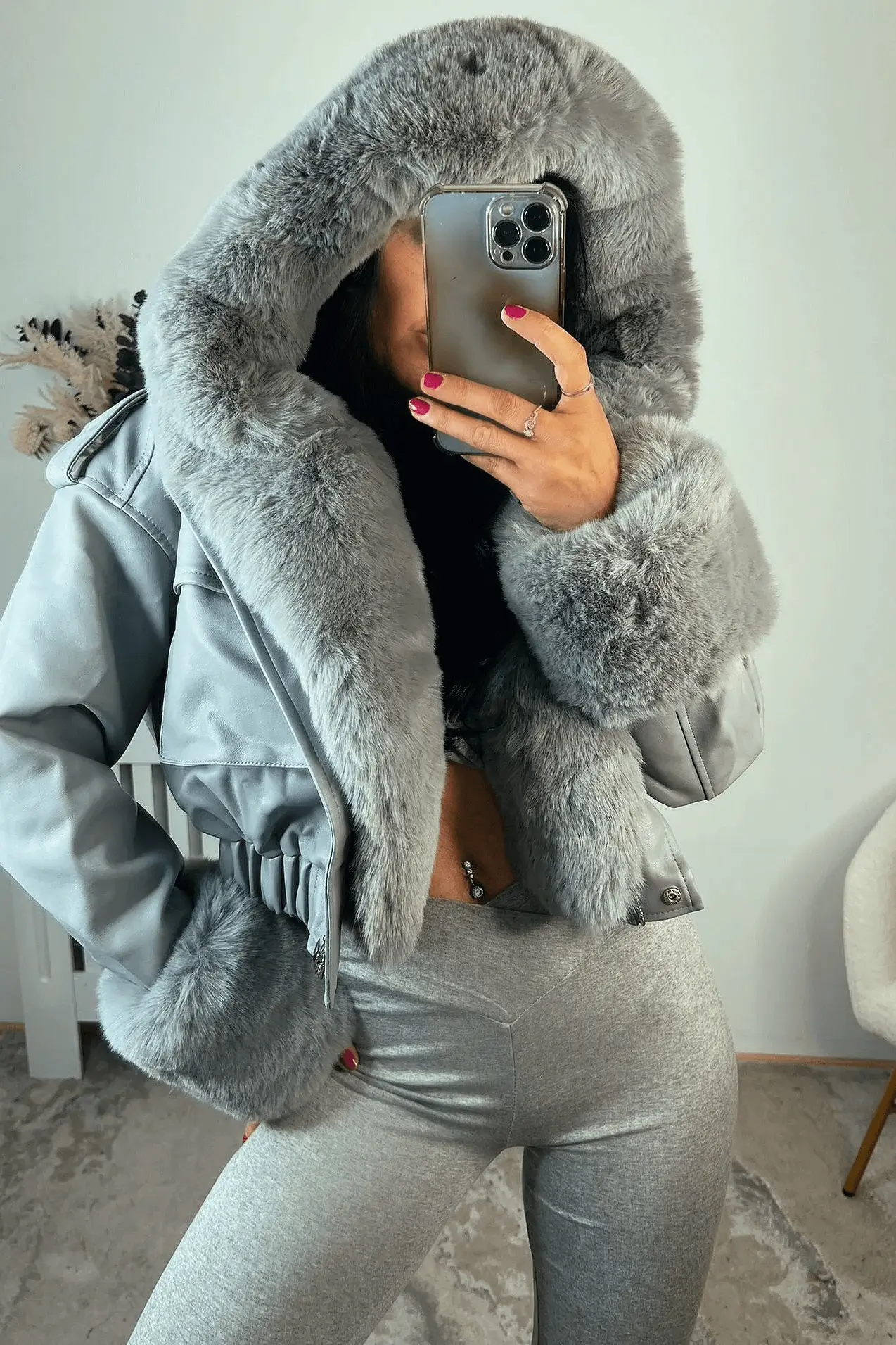 Grey Faux Leather Bomber Jacket with Faux Fur Hood