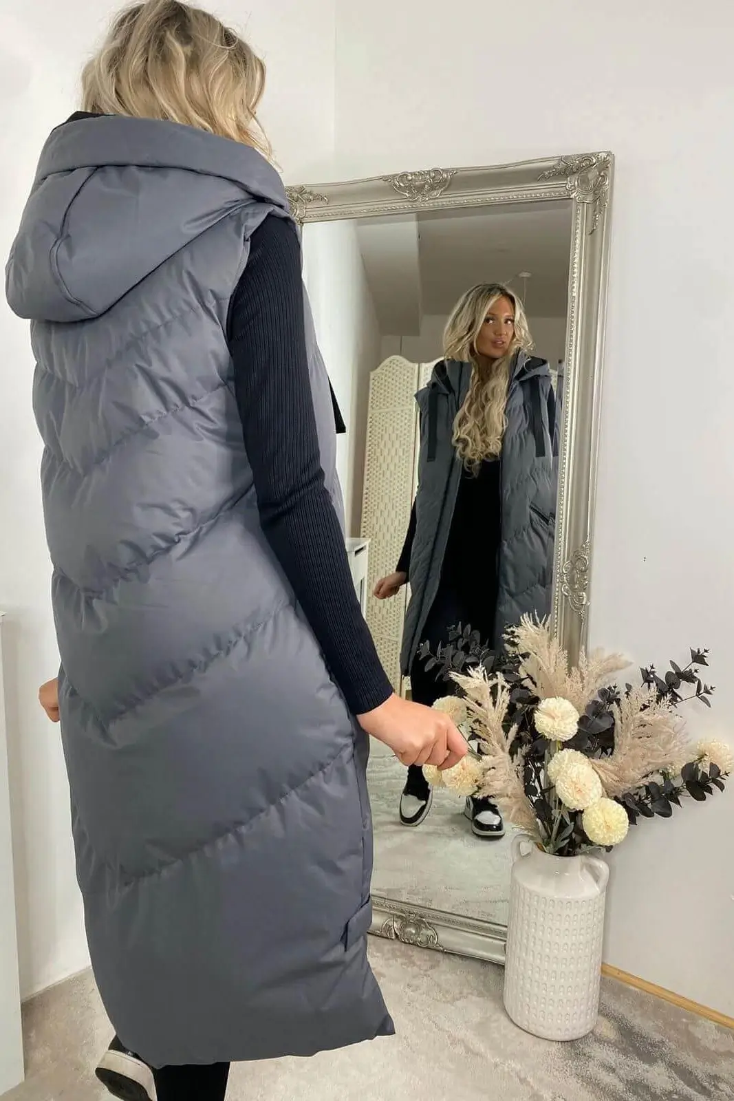 Longline Grey Hooded Padded Gilet