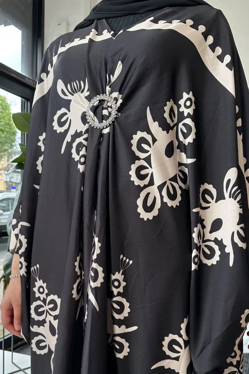 Black Sara Printed Satin Kaftan with Diamante Ring