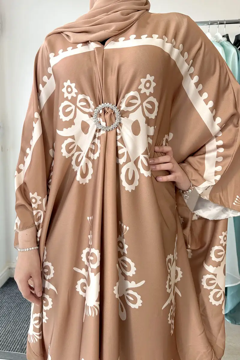 Camel Sara Printed Satin Kaftan with Diamante Ring