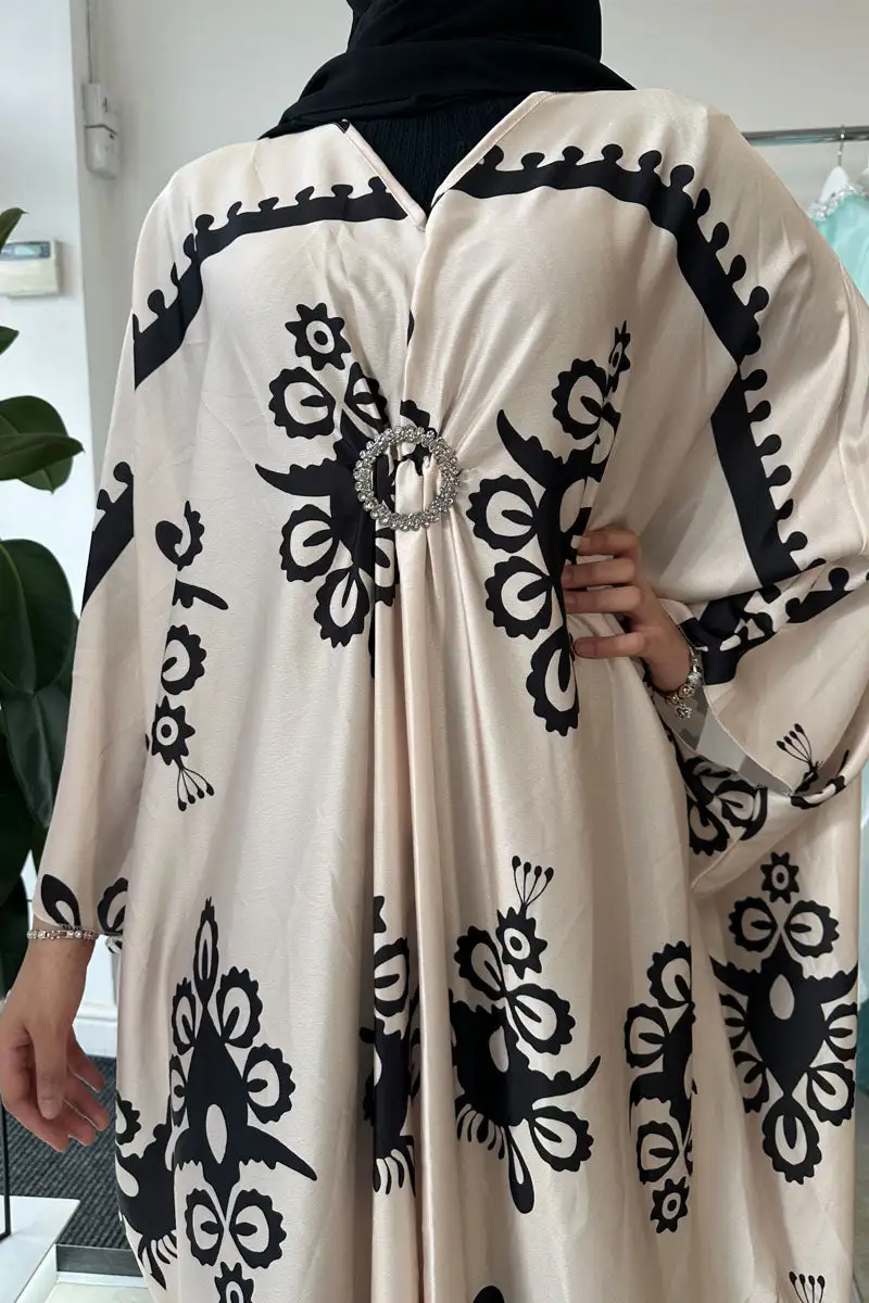 Cream Sara Printed Satin Kaftan with Diamante Ring