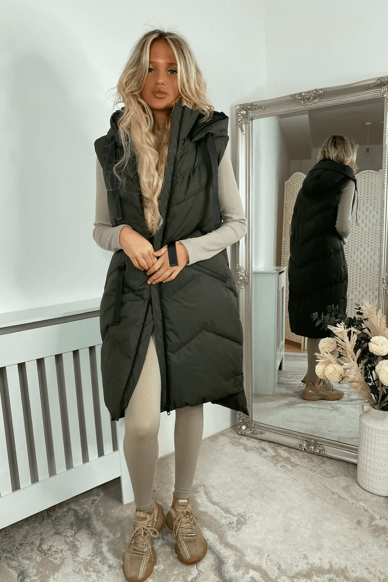 Khaki Olive Green Padded Long Gilet