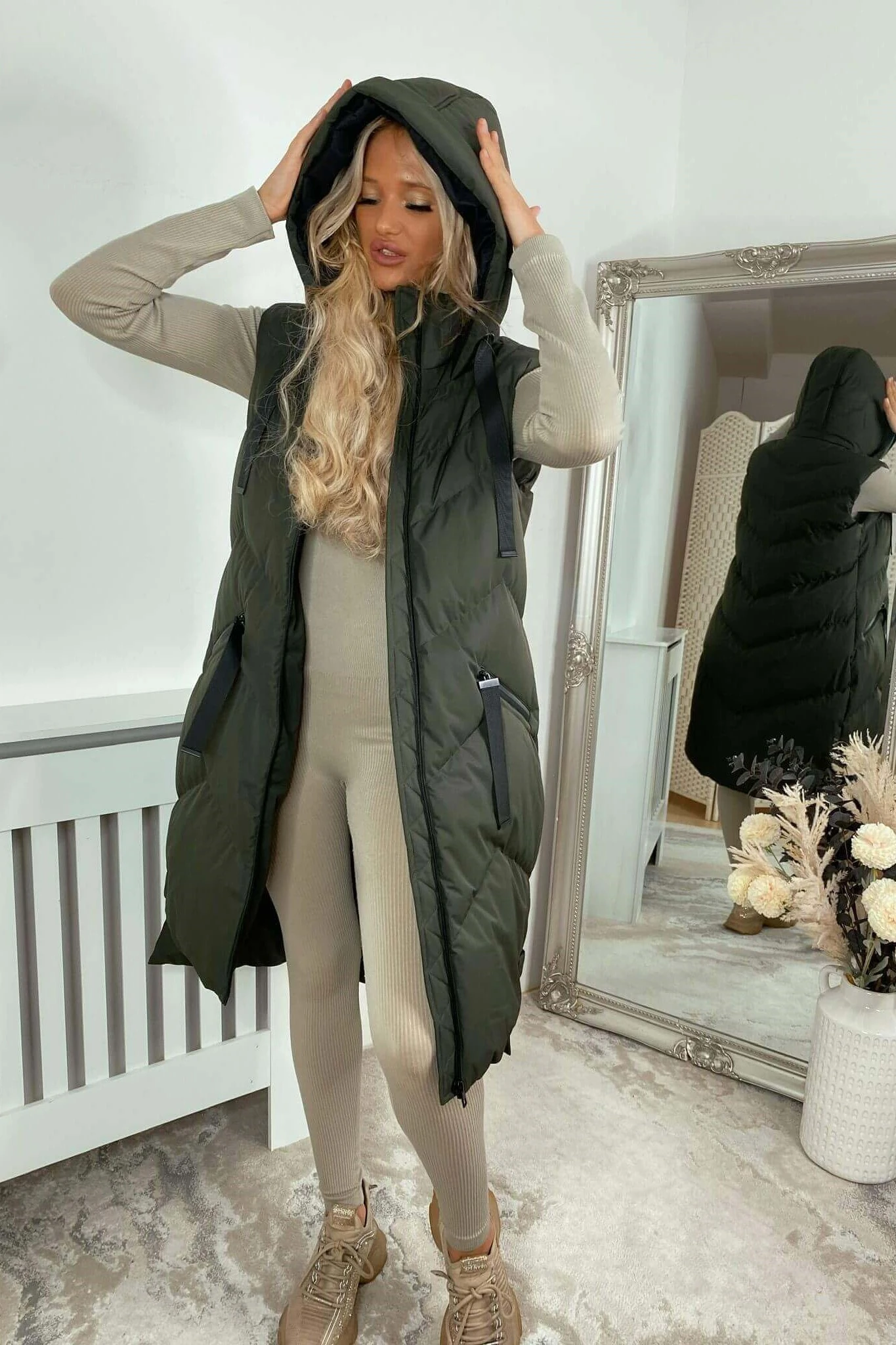 khaki-olive-green-padded-long-gilet