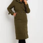 Long Puffer Belted Trench Coat with Hood Khaki