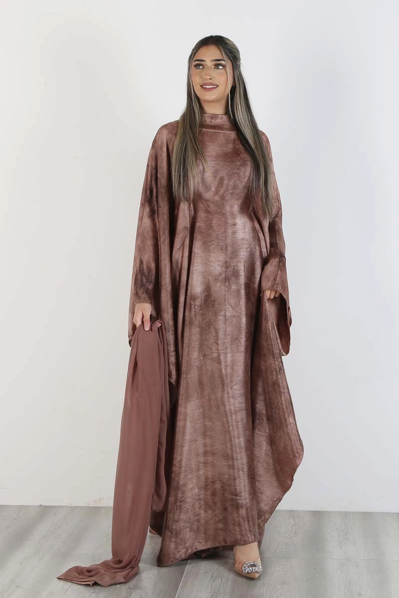 Brown Marble Print Kaftan with Matching Hijab