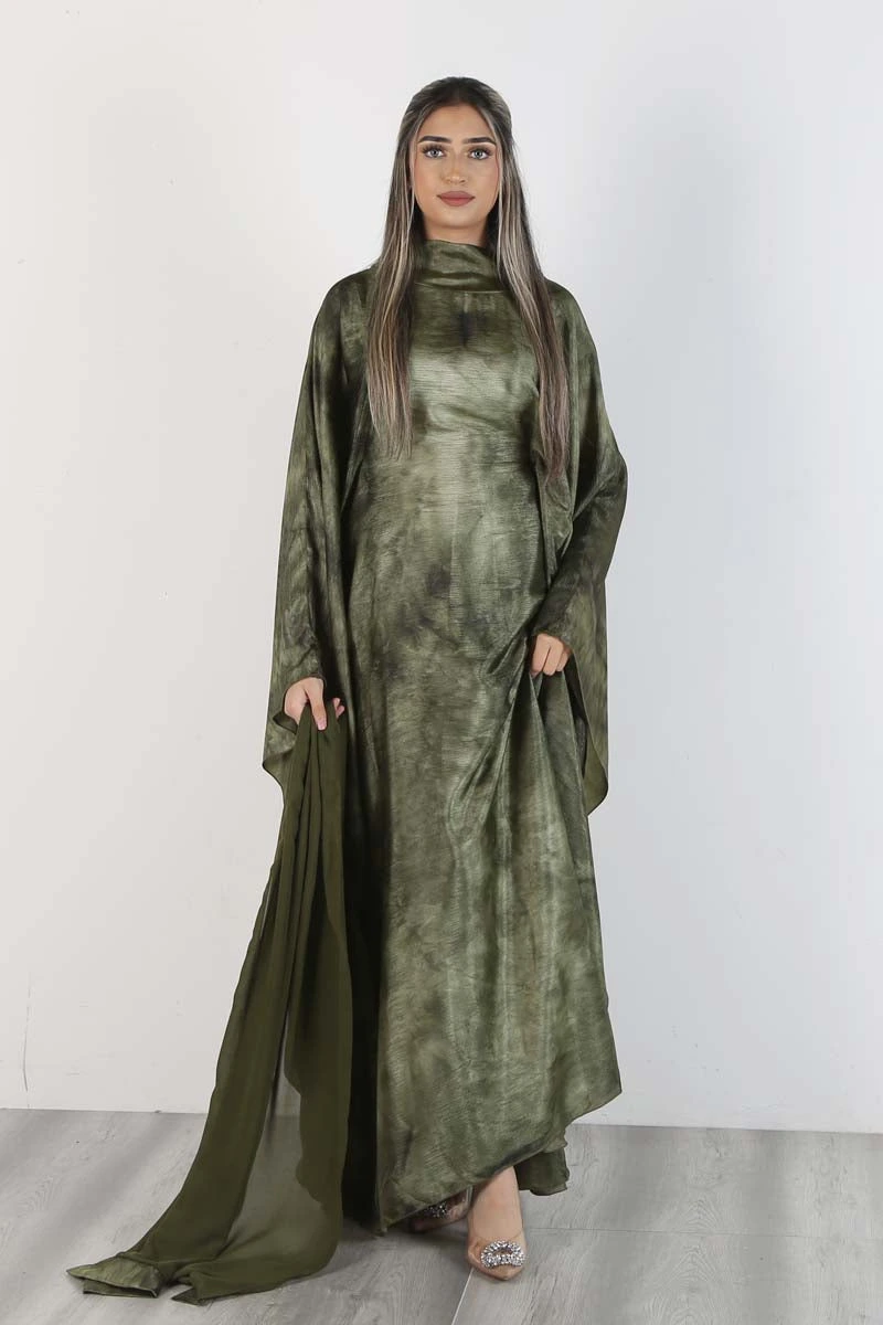 Green Marble Print Kaftan with Matching Hijab