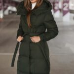 Long Dark Green Belted Quilted Jacket With Hood