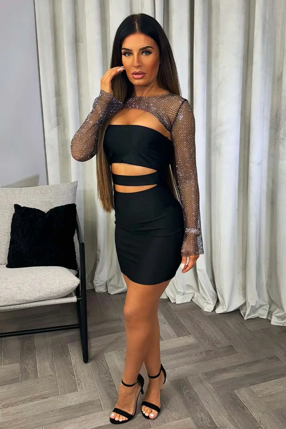 Black Satin Dress with Rhineston