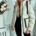 Stylish Beige Hooded Mid Puffer Coat
