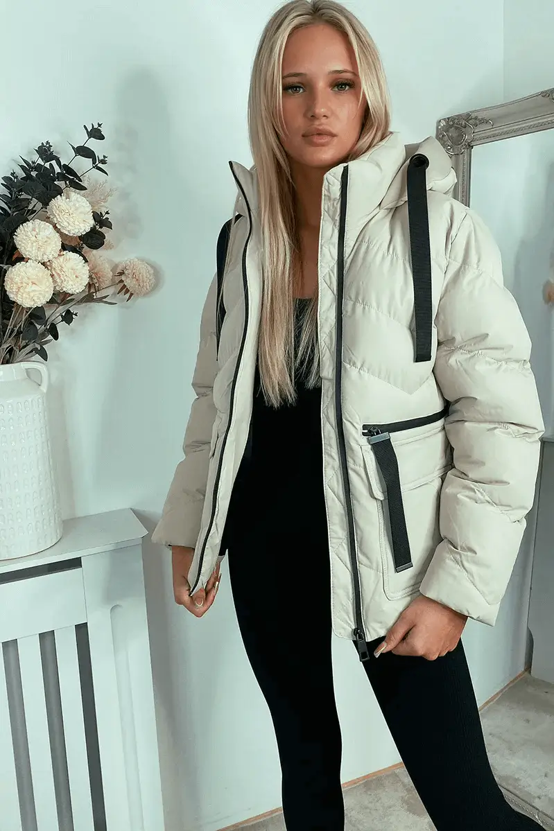 Stylish Beige Hooded Mid Puffer Coat