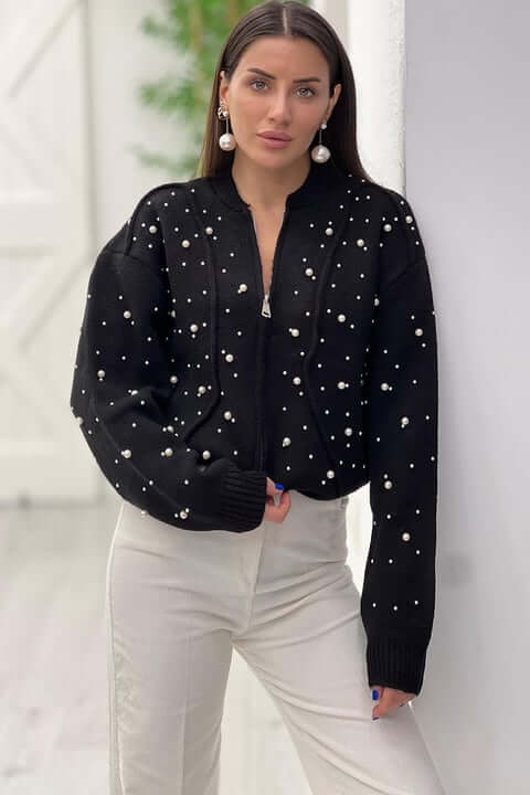 Knitted Bomber Cardigan with Pearl Detail Zip