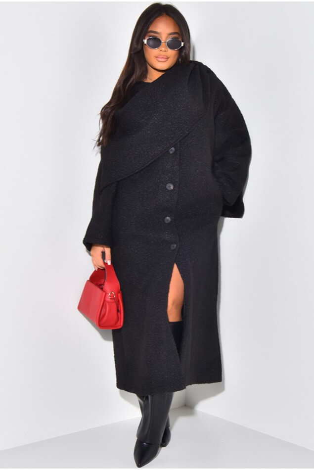 Scarf-Style Draped Collar Longline Winter Coat