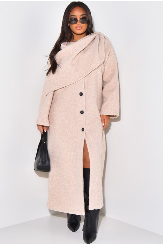 Draped Collar Scarf-Style Longline Winter Coat