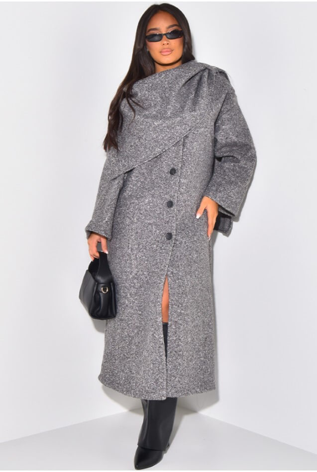 Longline Coat Scraf-Style Collar and Front Slit