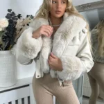 White Faux Leather Bomber Jacket with Faux Fur Hood