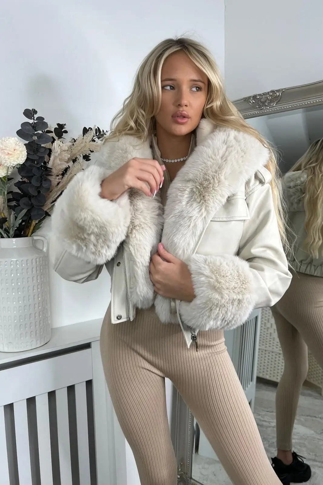 White Faux Leather Bomber Jacket with Faux Fur Hood