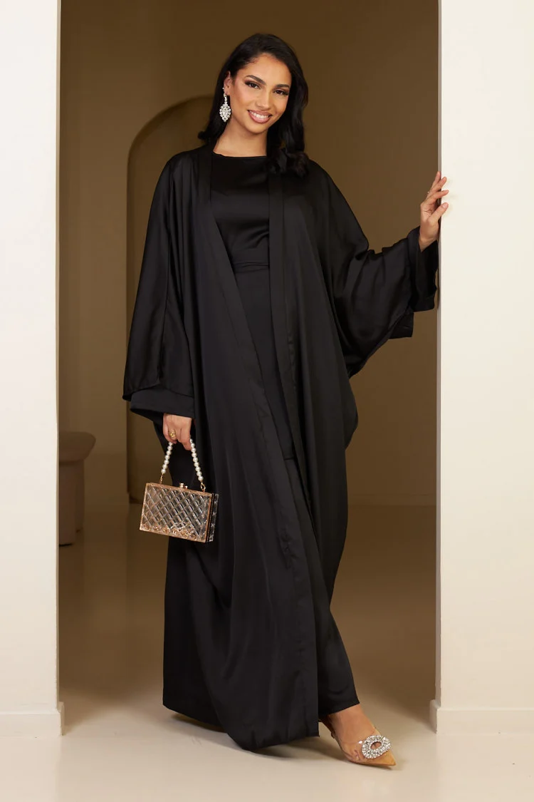Beige satin 3-piece co-ord set for women, featuring a blouse, tailored pants, and a long belted robe, styled elegantly for formal wear