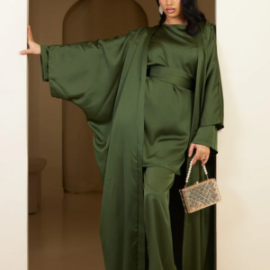 Beige satin 3-piece co-ord set for women, featuring a blouse, tailored pants, and a long belted robe, styled elegantly for formal wear