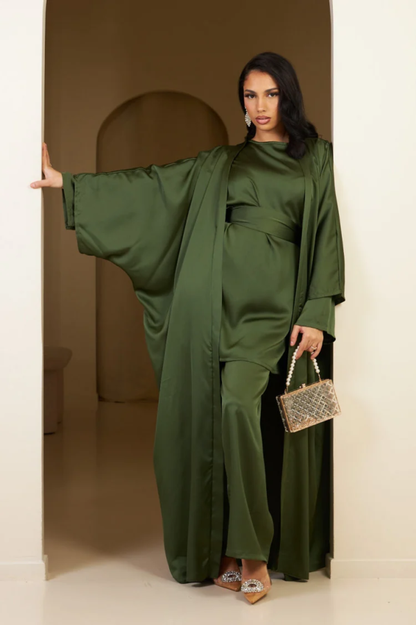 Beige satin 3-piece co-ord set for women, featuring a blouse, tailored pants, and a long belted robe, styled elegantly for formal wear