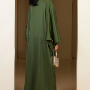 Beige satin 3-piece co-ord set for women, featuring a blouse, tailored pants, and a long belted robe, styled elegantly for formal wear