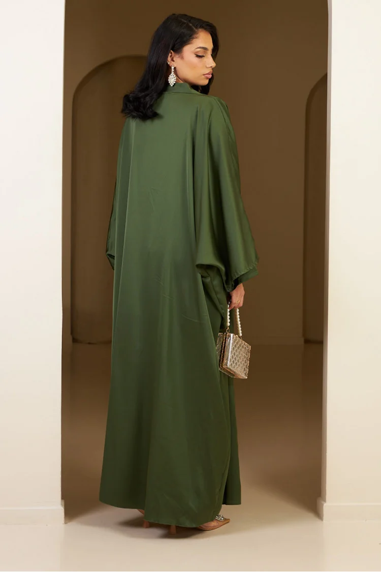 Beige satin 3-piece co-ord set for women, featuring a blouse, tailored pants, and a long belted robe, styled elegantly for formal wear