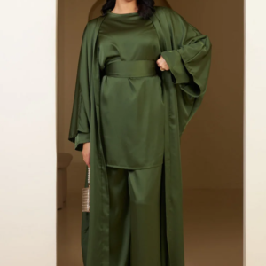 Beige satin 3-piece co-ord set for women, featuring a blouse, tailored pants, and a long belted robe, styled elegantly for formal wear
