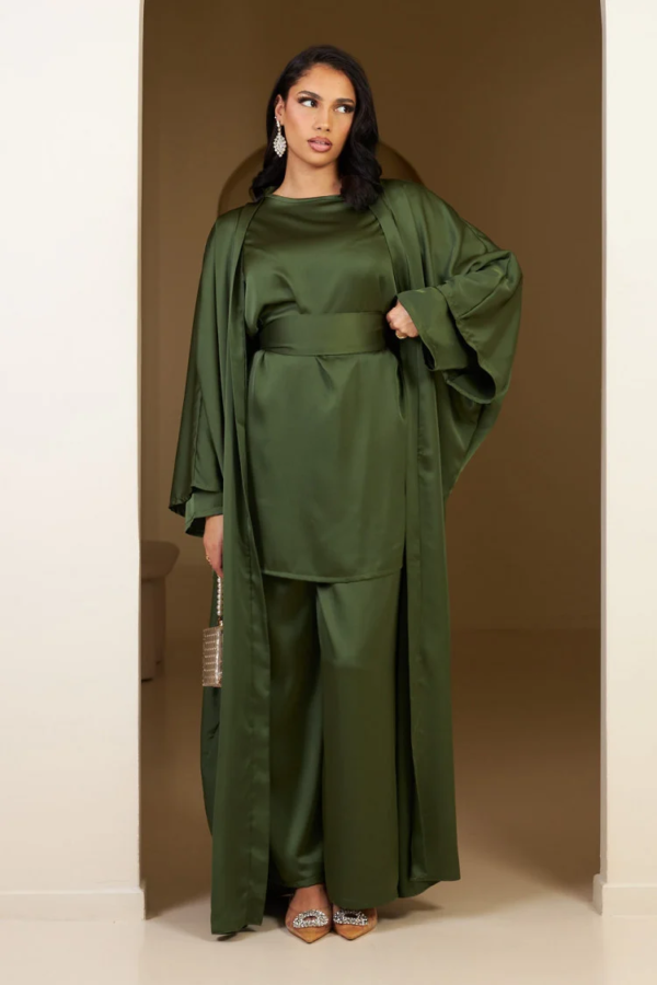 Beige satin 3-piece co-ord set for women, featuring a blouse, tailored pants, and a long belted robe, styled elegantly for formal wear