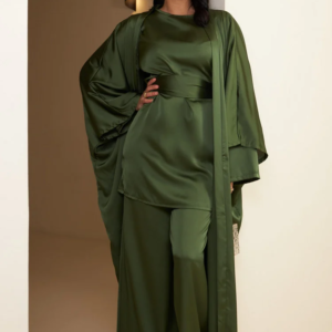 Beige satin 3-piece co-ord set for women, featuring a blouse, tailored pants, and a long belted robe, styled elegantly for formal wear