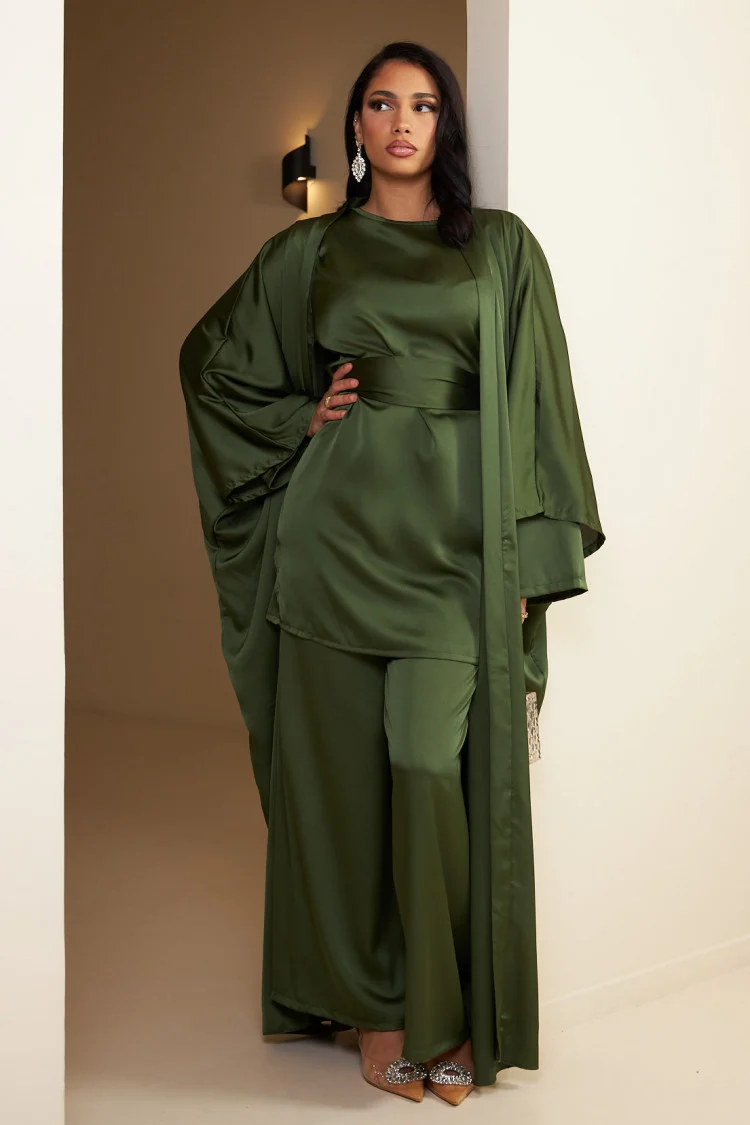 Beige satin 3-piece co-ord set for women, featuring a blouse, tailored pants, and a long belted robe, styled elegantly for formal wear